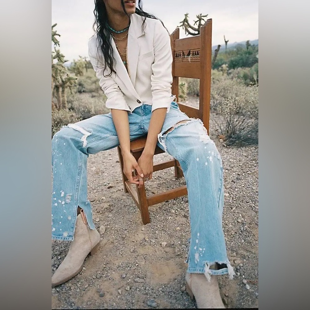 We The Free Light Blue Distressed Straight Leg Jeans